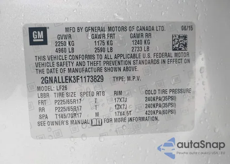 2015 Chevrolet Equinox L из США, поврежденный, VIN 2GNALLEK3F1173829